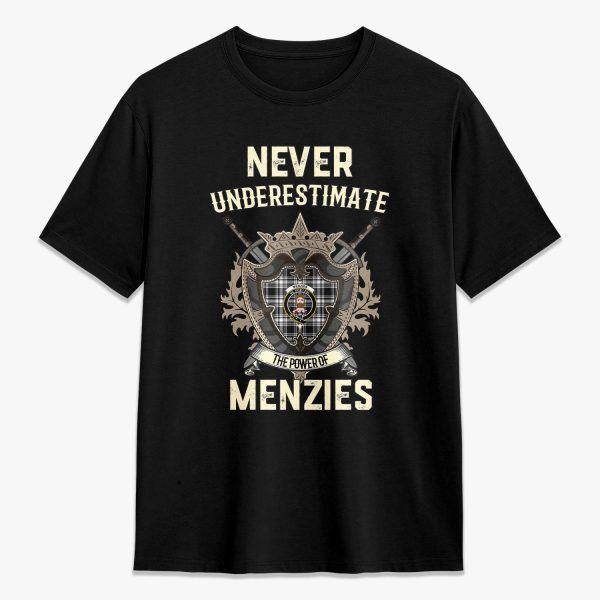 Menzies Black - White Modern Tartan Crest 2D T-shirt - Never Underestimate Style For Discount