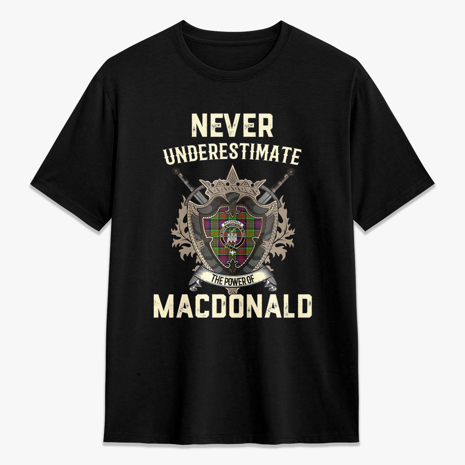 MacDonald (Clan Ranald) Tartan Crest 2D T-shirt – Never Underestimate Style on Sale