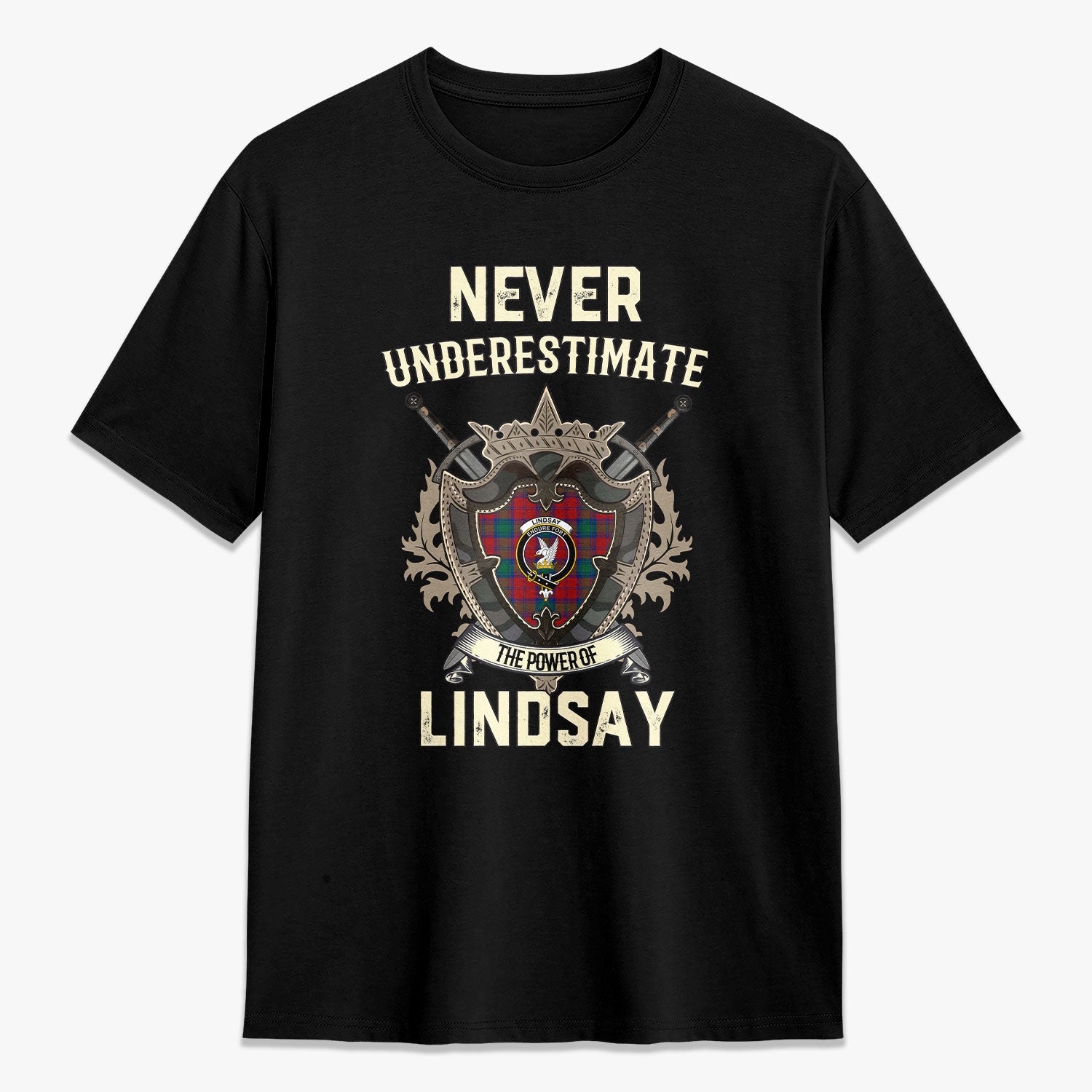 Lindsay Modern Tartan Crest 2D T-shirt – Never Underestimate Style on Sale
