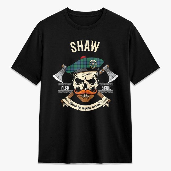 Shaw (of Sauchie) Ancient Tartan Crest 2D T-shirt - Alba Skull Style For Cheap