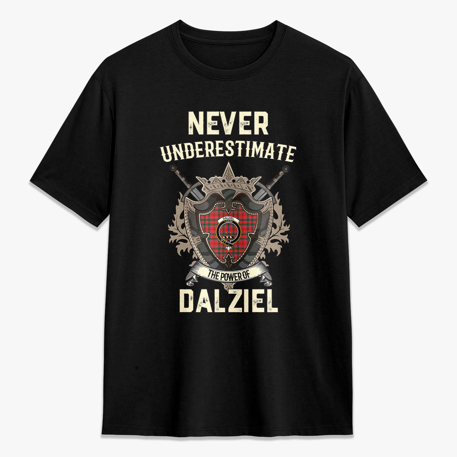 Dalziel Modern Tartan Crest 2D T-shirt – Never Underestimate Style Online Hot Sale